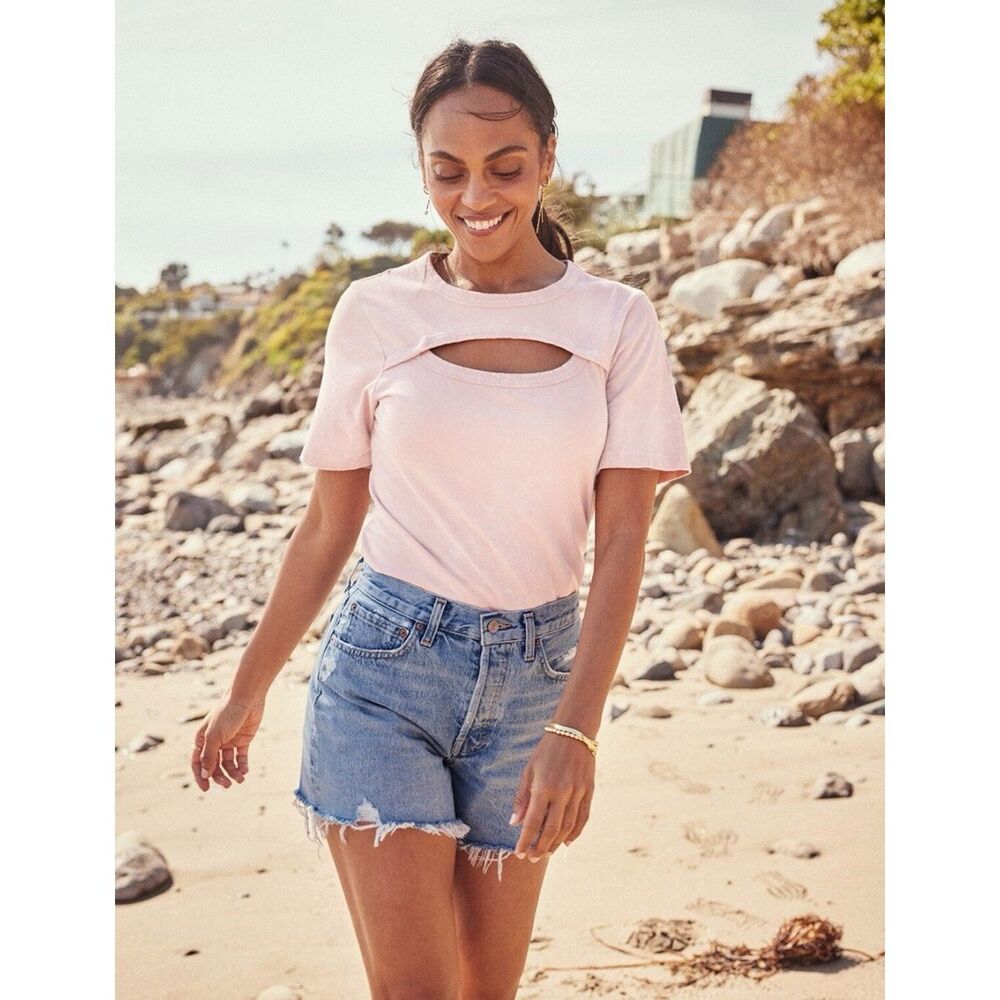 EVEREVE Women’s Blush Pink Short Sleeve Leya Cutout Tee Large